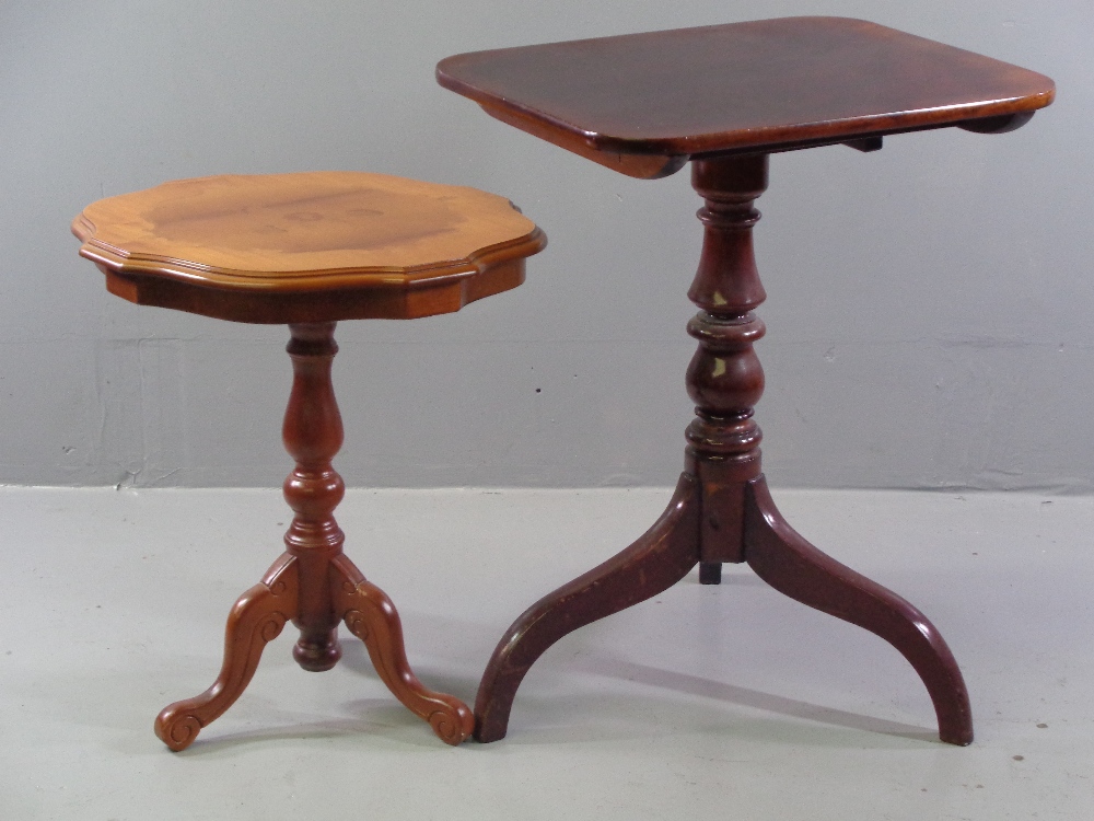 OCCASIONAL TABLES - mahogany tilt top on turned and tripod support, 75cms H, 60cms W, 48cms D and