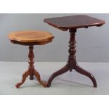 OCCASIONAL TABLES - mahogany tilt top on turned and tripod support, 75cms H, 60cms W, 48cms D and