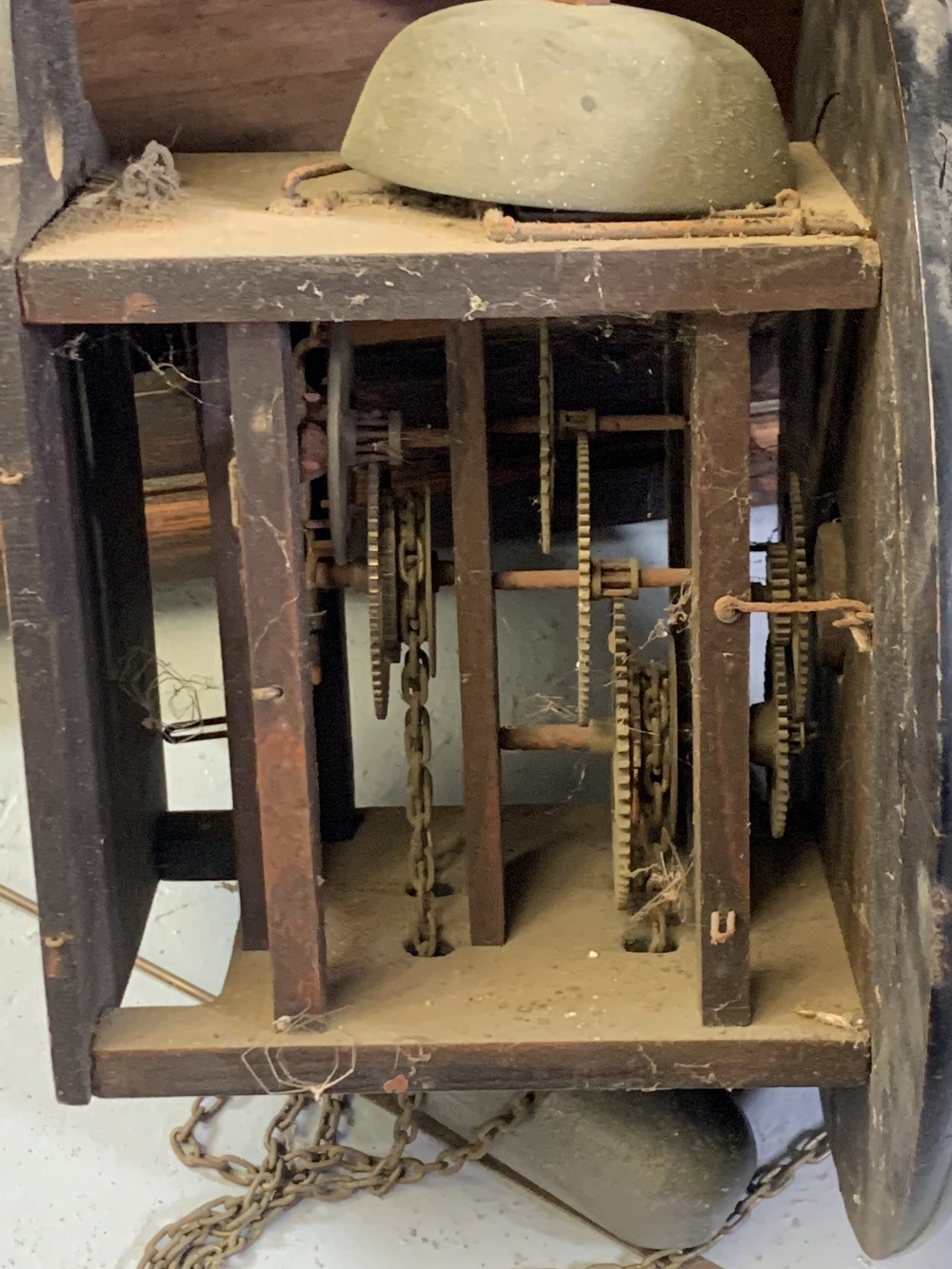 VINTAGE WALL CLOCK with pendulum and weights, single glazed door shelved cupboard, hinged front - Image 3 of 3