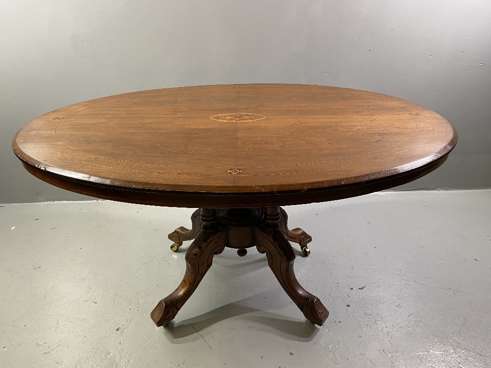 OVAL DINING TABLE - Edwardian mahogany with line and diamond multi-wood inlay band, on four turned