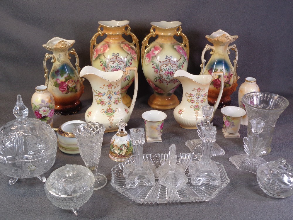 STAFFORDSHIRE VASES - two pairs, Crown Devon jugs and similar items, also slag and cut glassware, an