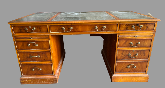 LARGE TWIN PEDESTAL DESK - reproduction yew effect with tooled leather effect top, multi-drawers and