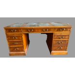 LARGE TWIN PEDESTAL DESK - reproduction yew effect with tooled leather effect top, multi-drawers and