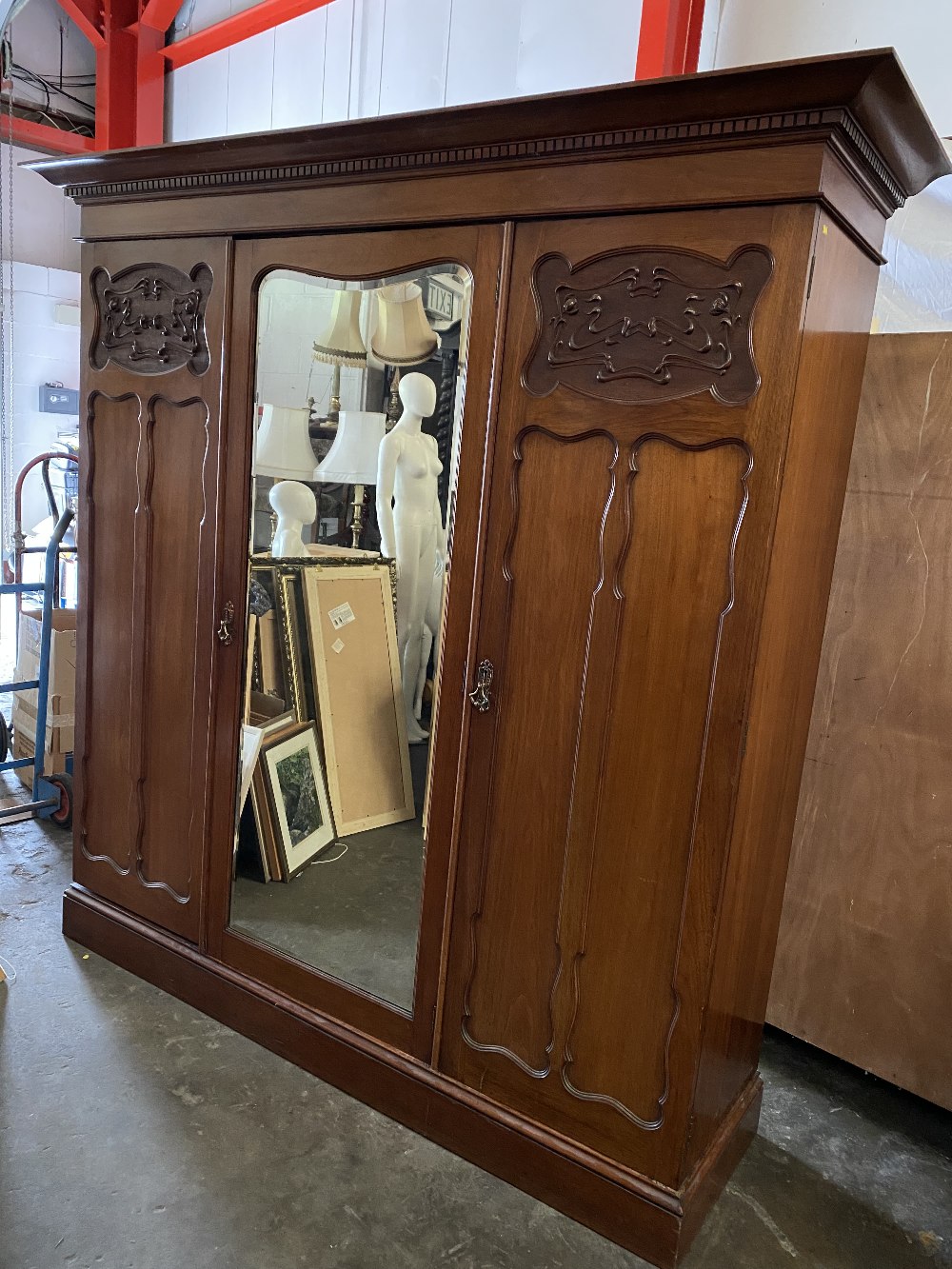 TRIPLE WARDROBE - Edwardian mahogany with shaped mirrored central door, with sliders to the right - Image 2 of 6