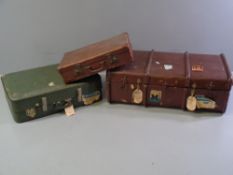 VINTAGE TRUNK - wooden bound, similar era small suitcase and a mid Century suitcase