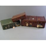 VINTAGE TRUNK - wooden bound, similar era small suitcase and a mid Century suitcase