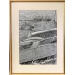 LEONARD RENTON charcoal - boats and river with distant church, initialled and dated 1980, 45 x