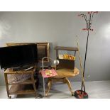FURNISHINGS PARCEL to include mid Century metallic stick/hat stand, pine Long John table, tea