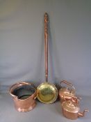 ANTIQUE COPPERWARE - helmet shaped coal scuttle with swing handle, 32cms diameter, two kettles and a