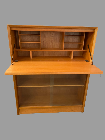 BUREAU BOOKCASE - mid Century, teak effect, labelled 'Herbert Elliott Furniture' with drop down