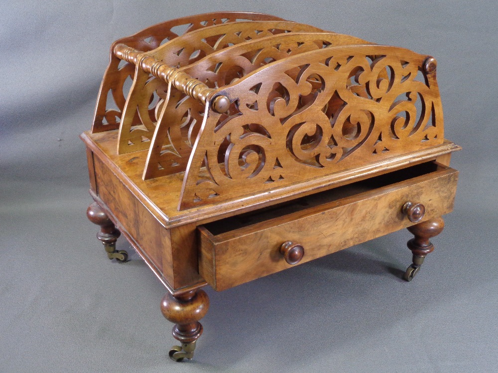 VICTORIAN CANTERBURY in walnut, three divisional fretwork sections with base drawer, on turned - Image 3 of 8