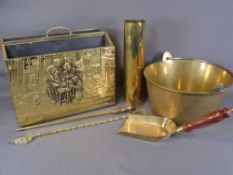 BRASSWARE - swing handled jam pan, trench art, fire irons and a magazine rack