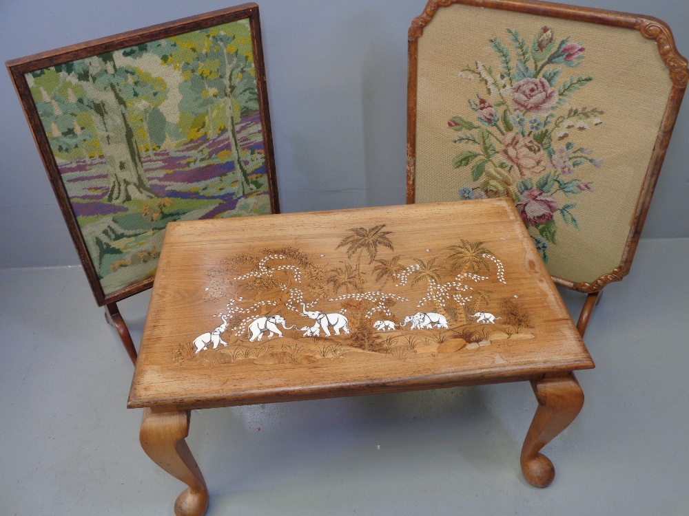 LONG JOHN COFFEE TABLE with inlaid top depicting elephants and palm trees, 39cms H, 76cms W, 50cms D - Image 3 of 3