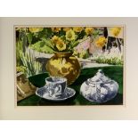 DAVID GROSVENOR watercolour - still life, Willow teaware and a vase with flowers on a table,