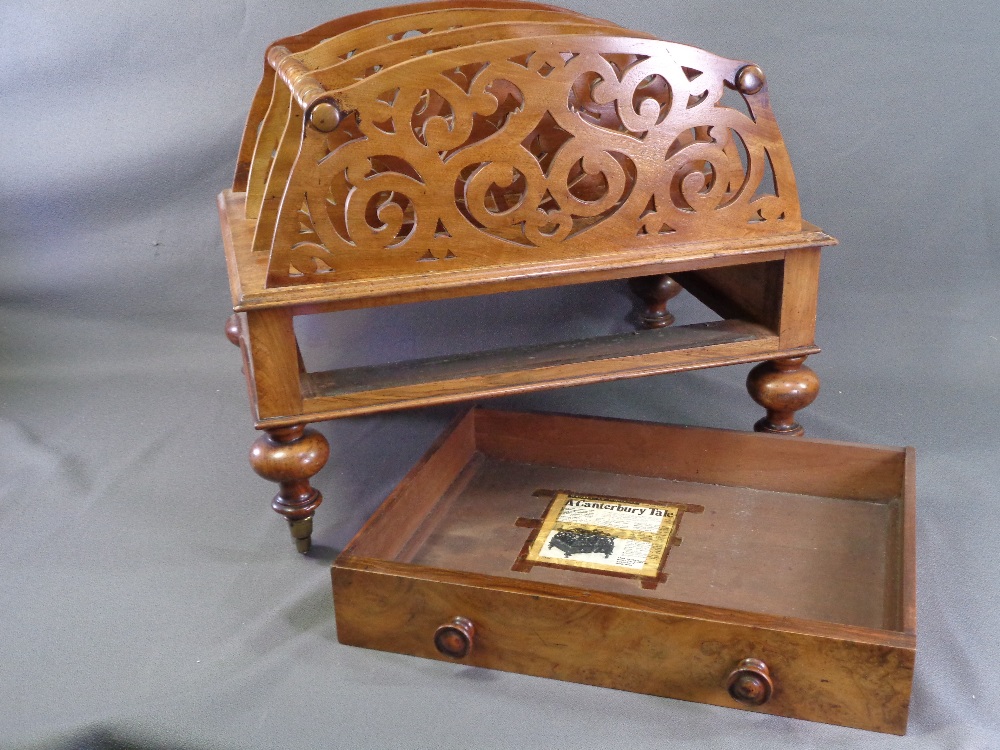 VICTORIAN CANTERBURY in walnut, three divisional fretwork sections with base drawer, on turned - Image 8 of 8