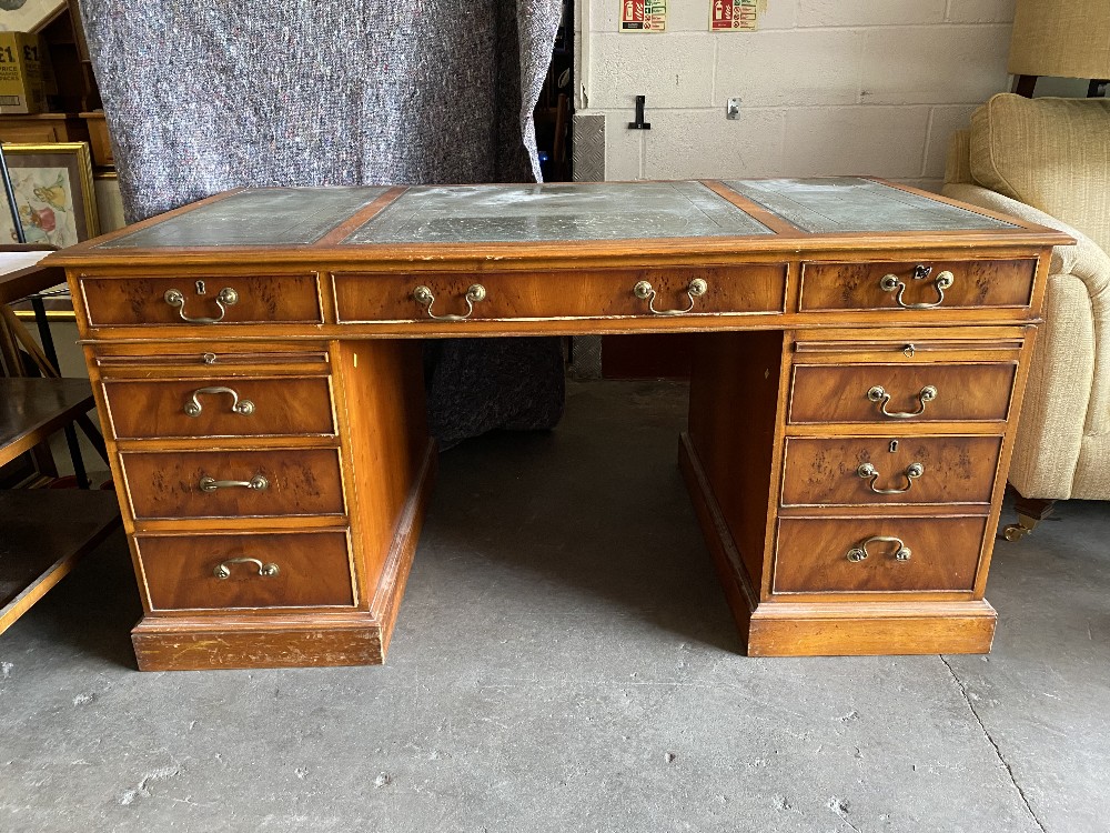 LARGE TWIN PEDESTAL DESK - reproduction yew effect with tooled leather effect top, multi-drawers and - Image 2 of 4