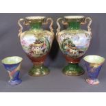 STAFFORDSHIRE VASES, a pair of twin handled, 43cms H, decorated Highland Cattle and a pair of Maling