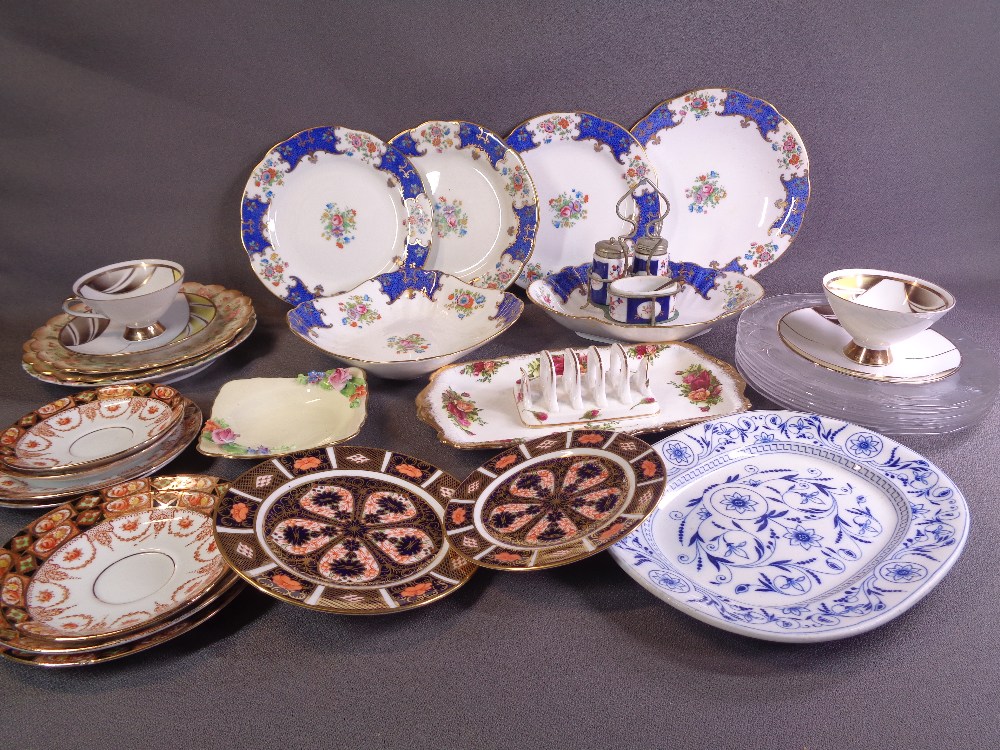 DRESDEN IRONSTONE PLATE, two Royal Crown Derby Imari side plates, vintage Aynsley dessert ware and