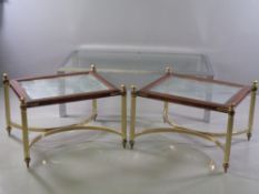 ORNATE COFFEE TABLES - a pair, wood and glass topped with brass effect and crinoline stretcher