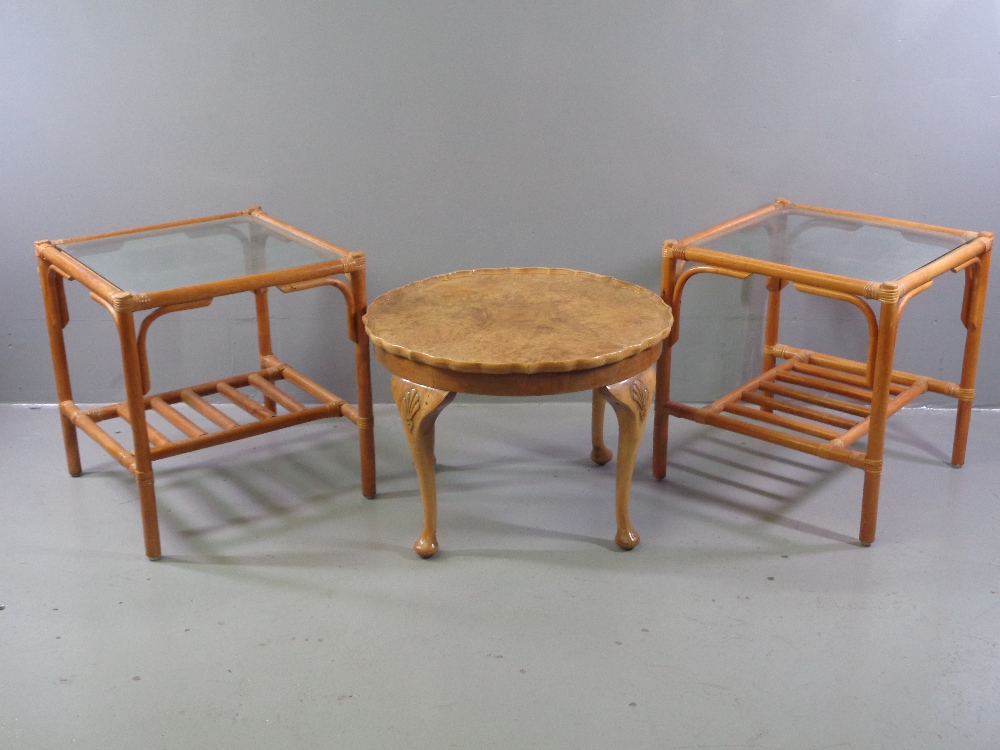 BAMBOO TABLES - a pair with glass tops and lower rack, 54cms H, 52cms W, 52cms D and a burr