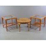 BAMBOO TABLES - a pair with glass tops and lower rack, 54cms H, 52cms W, 52cms D and a burr