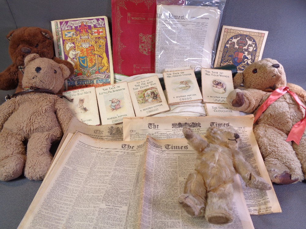 VINTAGE SOFT TOYS - four bears and a quantity of old linen, ephemera ETC