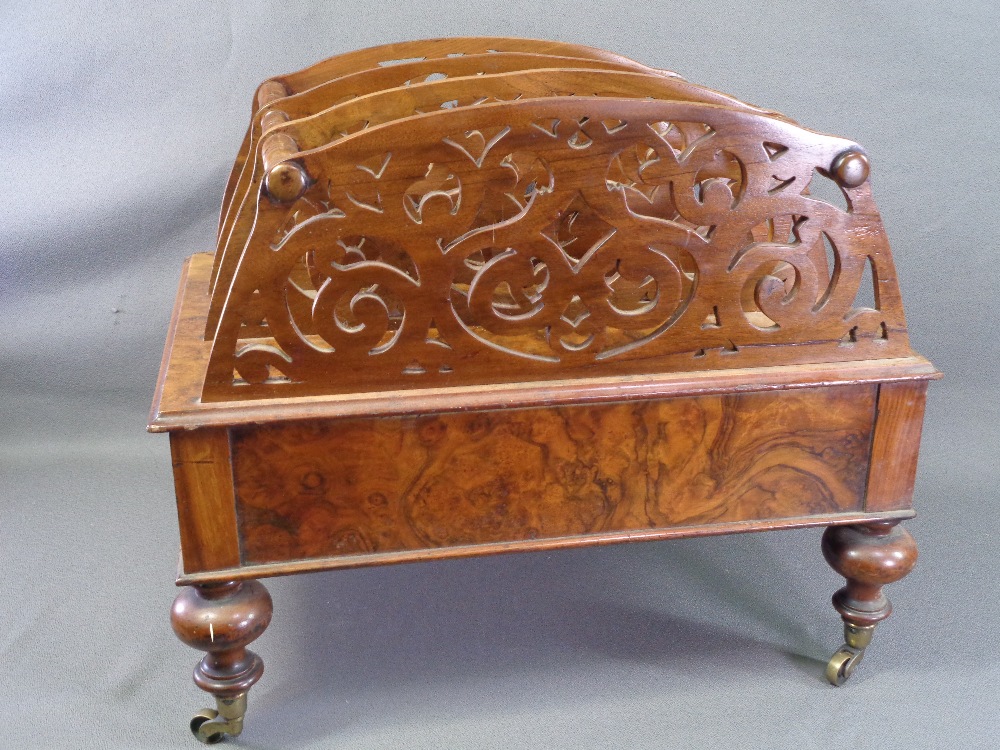 VICTORIAN CANTERBURY in walnut, three divisional fretwork sections with base drawer, on turned - Image 4 of 8