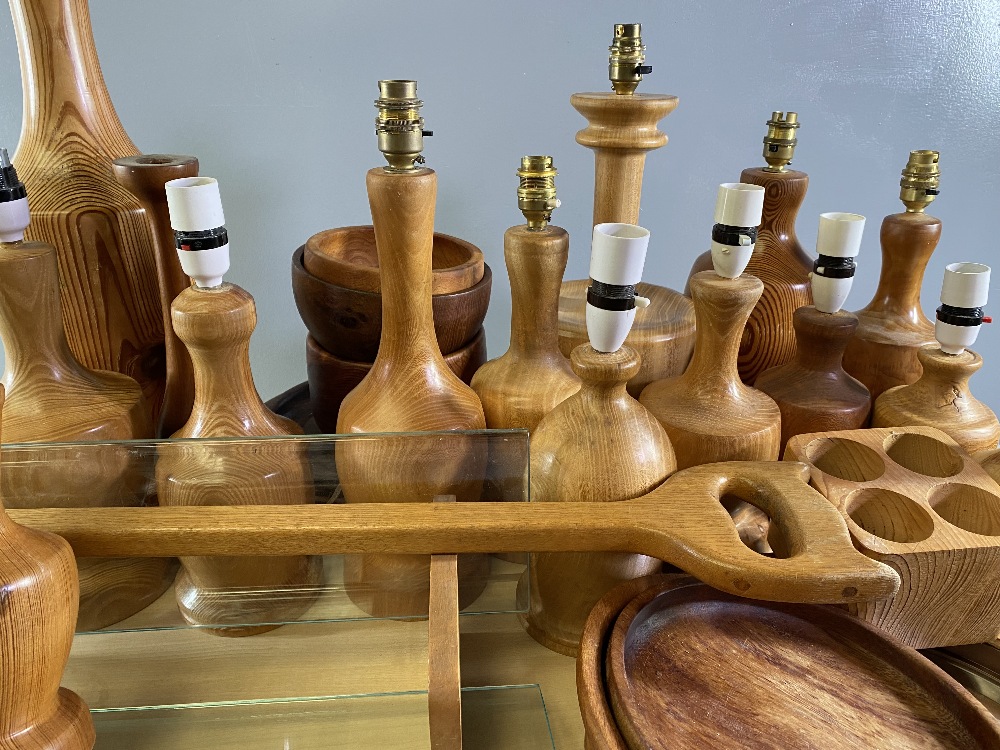 TREEN - fabulous assortment of turned wooden lamp bases and other items of treen