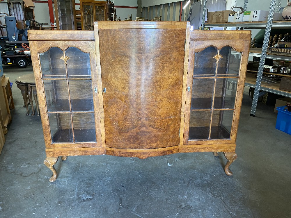 BURR WALNUT BOOKCASE - Queen Anne style with two glazed doors either side of a bow front, on - Image 2 of 6