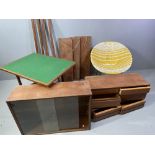 MID CENTURY FURNITURE ASSORTMENT - woven easy chair, foldover card table and a teak style shelving/