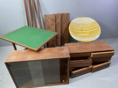 MID CENTURY FURNITURE ASSORTMENT - woven easy chair, foldover card table and a teak style shelving/