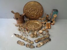BRASSWARE - horse brasses on straps, bellows, chargers ETC, a large assortment