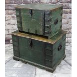 TWO INDIAN PAINTED TRUNKS, each with wrought iron straps, handles and clasp lock, painted green,