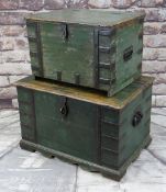 TWO INDIAN PAINTED TRUNKS, each with wrought iron straps, handles and clasp lock, painted green,