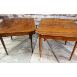 TWO EARLY 19TH CENTURY MAHOGANY GATELEG FOLDOVER TEA TABLES, one with boxwood line inlay, 92cms wide