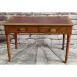 ARTS & CRAFTS-STYLE WRITING TABLE, later leather inset top, two frieze drawers, ring-turned legs,