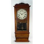 19TH CENTURY AMERICAN WALNUT MARQUETRY DROP DIAL WALL CLOCK, painted Roman dial and brass bobbin