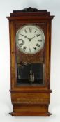 19TH CENTURY AMERICAN WALNUT MARQUETRY DROP DIAL WALL CLOCK, painted Roman dial and brass bobbin