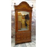 STYLISH FRENCH WALNUT & BURR WALNUT ARMOIRE, arched cornice with turned finials, mirror-glazed