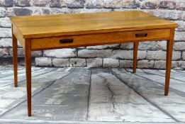 MID-CENTURY TEAK LIBRARY TABLE, fitted one long shallow frieze drawer with carved handles, square