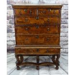 QUEEN ANNE WALNUT & BURR WALNUT CROSSBANDED CHEST ON STAND, veneered top and cornice above two short