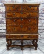 QUEEN ANNE WALNUT & BURR WALNUT CROSSBANDED CHEST ON STAND, veneered top and cornice above two short