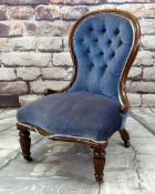 EARLY VICTORIAN WALNUT NURSING CHAIR with button upholstered balloon back and gadrooned tapering