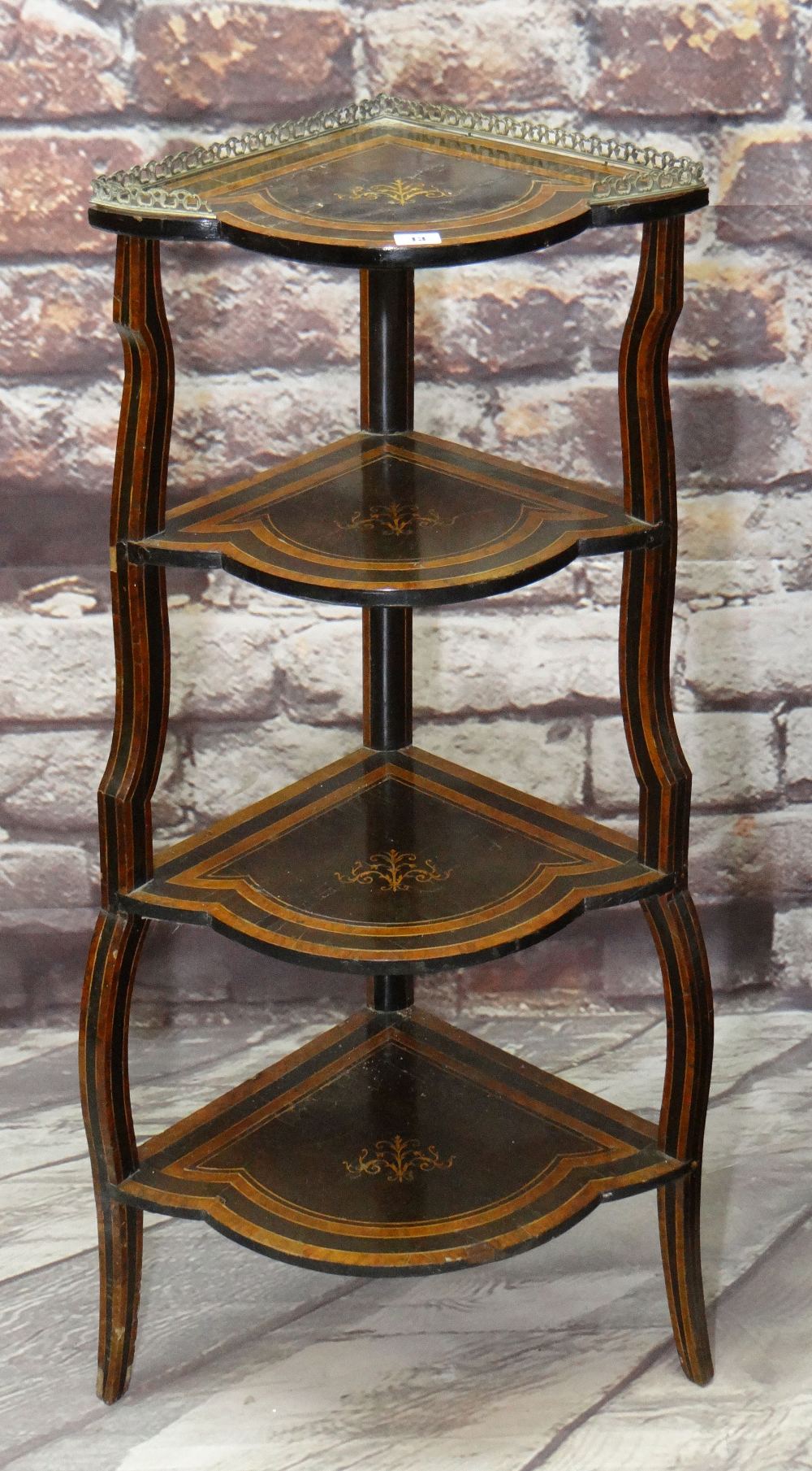 VICTORIAN MARQUETRY CORNER WHATNOT, pierced brass gallery, four tiers, 110cms high Condition: top