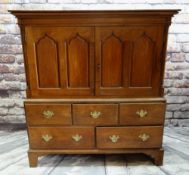 19TH CENTURY WELSH OAK PRESS CUPBOARD, shaped cornice above pointed arch panelled doors, on a