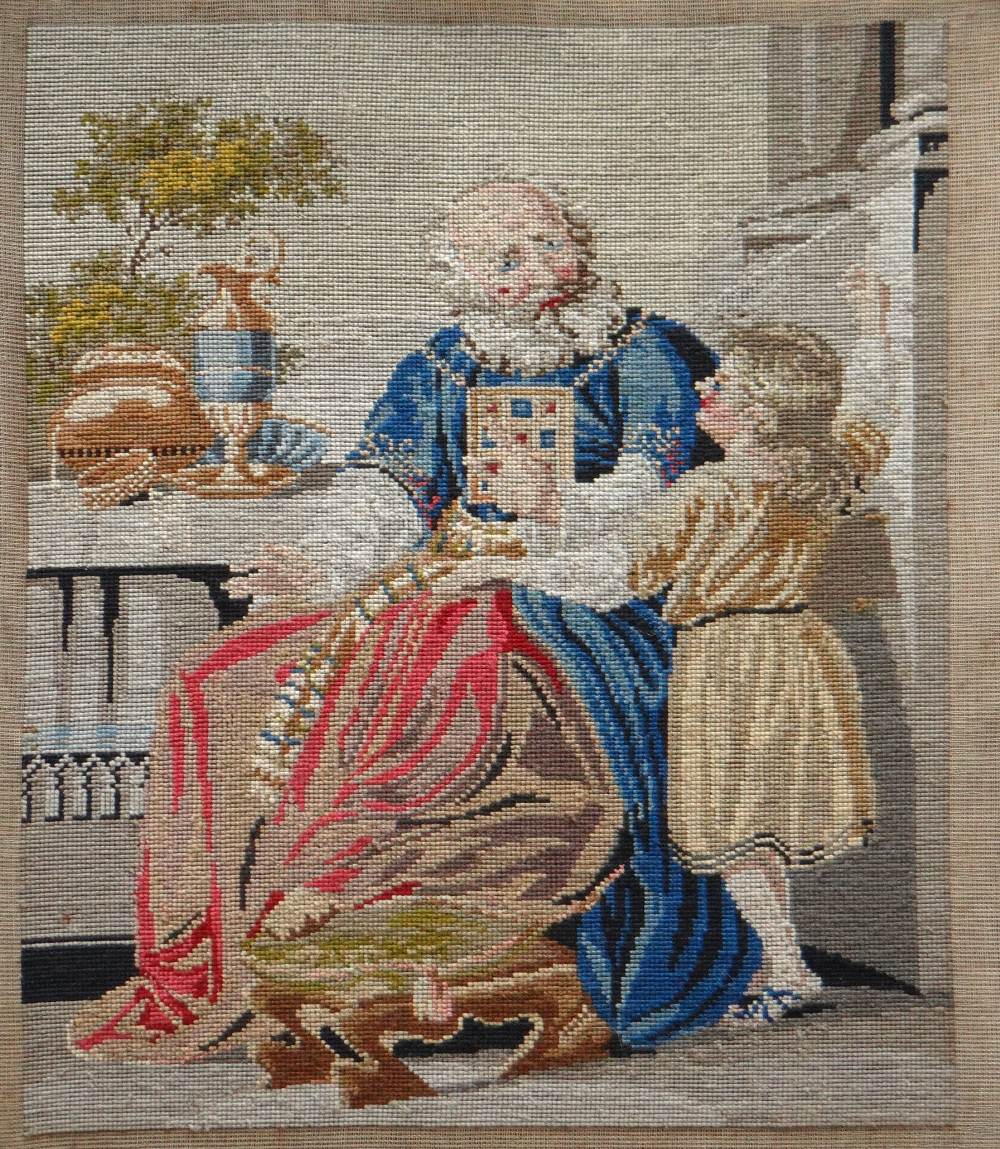 VICTORIAN WOOLWORK PICTURE, embroidered with an elderly bearded gentleman and chid beside a table - Image 2 of 2