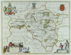 JOHANNE BLAEU coloured antique map of Radnor Shire, 51 x 62cms, framed and glazed both sides