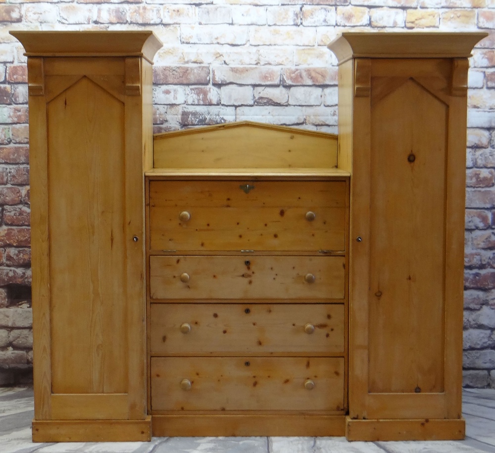19TH CENTURY STRIPPED PINE COMPENDIUM WARDROBE, central chest section flanked by hanging cupboards