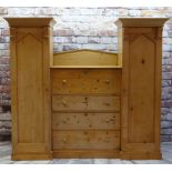 19TH CENTURY STRIPPED PINE COMPENDIUM WARDROBE, central chest section flanked by hanging cupboards