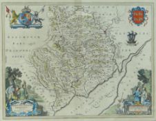 JOHANNE BLAEU coloured antique map of Monmouthshire, 1660, 41 x 52cms, framed and glazed both sides